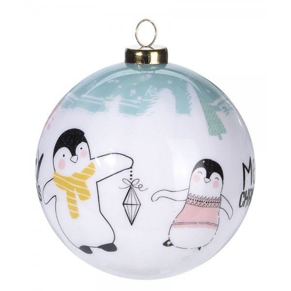 Χριστουγεννιάτικη Μπάλα Λευκή, με Πιγκουίνους και Ευχές (10cm)